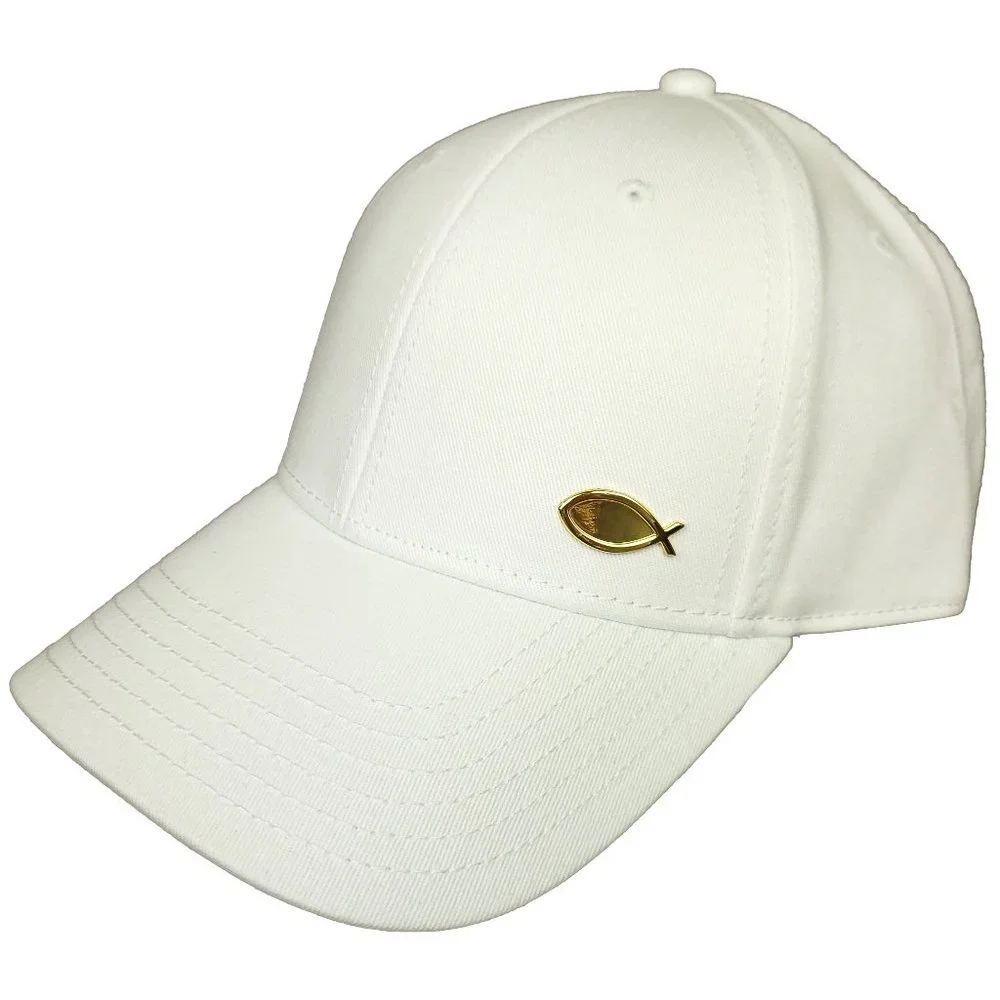Christian Hat Ichthys Fish Cap Gold Metal Live By Faith Gold Cross‎ White New